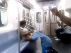 Dude eats out sexy black pussy on the train