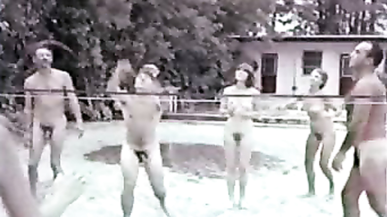 Retro video of volleyball game at a nudist camp