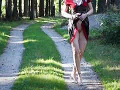 Shaved pussy upskirt walking down a wooded path
