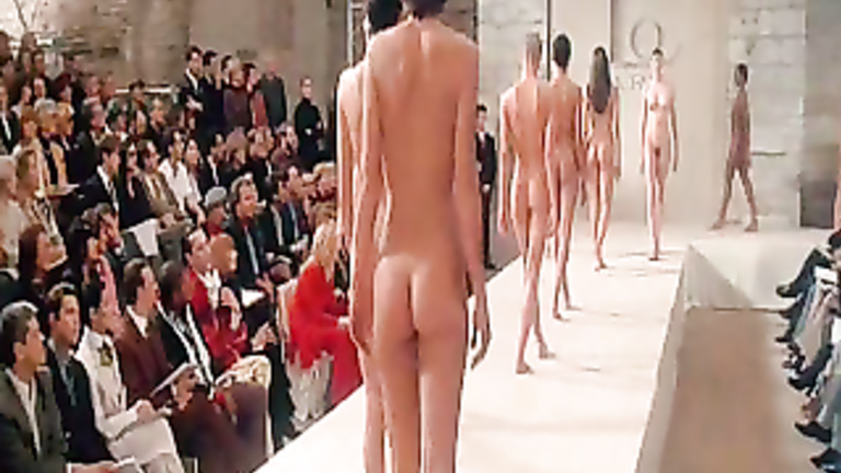 Naked models and a pregnant girl at runway show