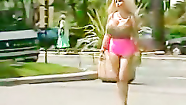 Bimbo slut with giant fake boobs fucked outdoors