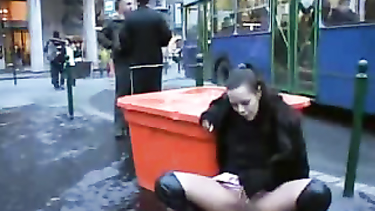 Public pissing princess in thigh high leather boots