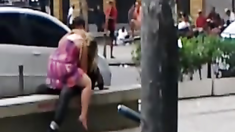 Chubby blonde babe gets banged by her friend in public