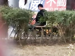 Asian coed girl enjoys banging hard on the park bench