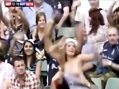 Naughty fanboy pulls down hot blonde's dress during a rugby match