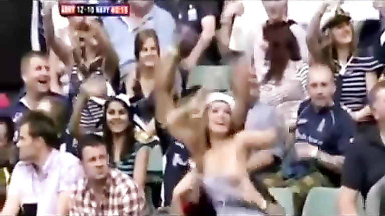Naughty fanboy pulls down hot blonde's dress during a rugby match