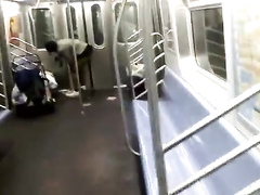 Nasty homeless woman takes a piss inside the train