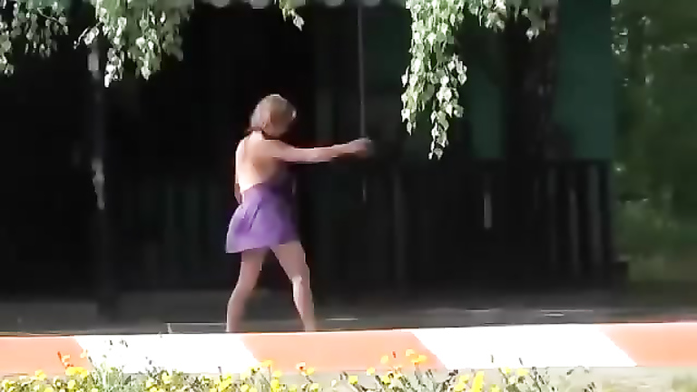Drunk village chick enjoys doing cartwheels in a short summer dress