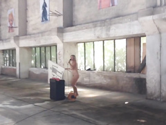 Hot and voluptuous blonde runs around the building naked