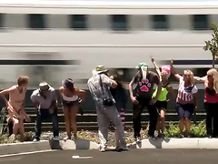 Crazy people flashing their butts to the train