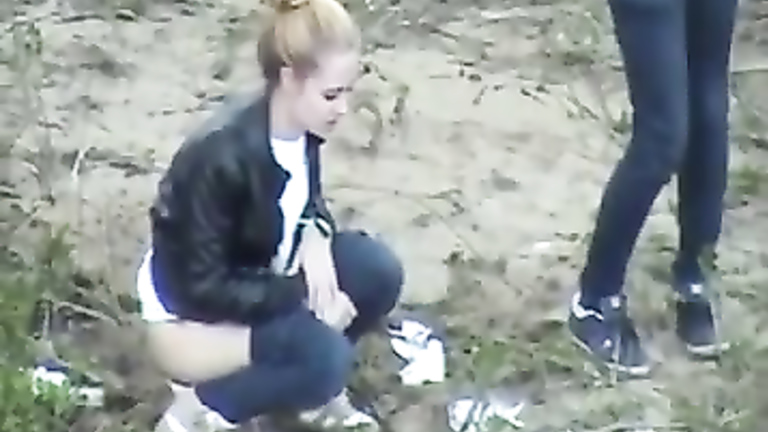 Group of desperate German girls enjoys peeing in the woods