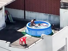 My pervy neighbor bangs his foxy GF in a portable pool