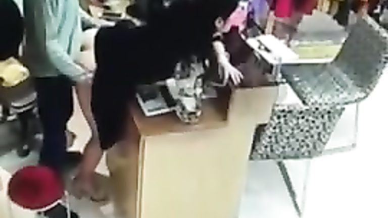 Asian saleswoman gets nailed behind a desk at the store