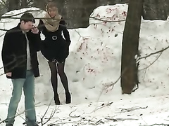 Russian maid gets caught peeing in the snow