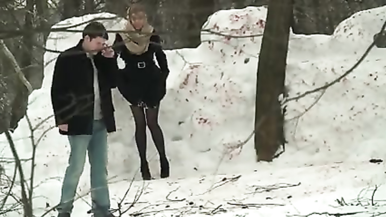 Russian maid gets caught peeing in the snow