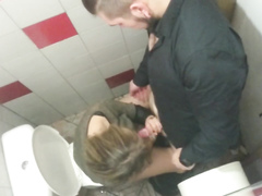 Saucy babe gets her pussy hammered in a public toilet