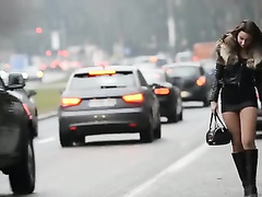 Street hooker wear a fur jacket and a mini skirt