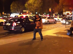 French stripper flashes tits to an older man sitting on a bench