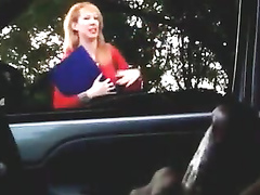 Gorgeous ginger lady has no idea that exhibitionist was cumming while she gave him directions