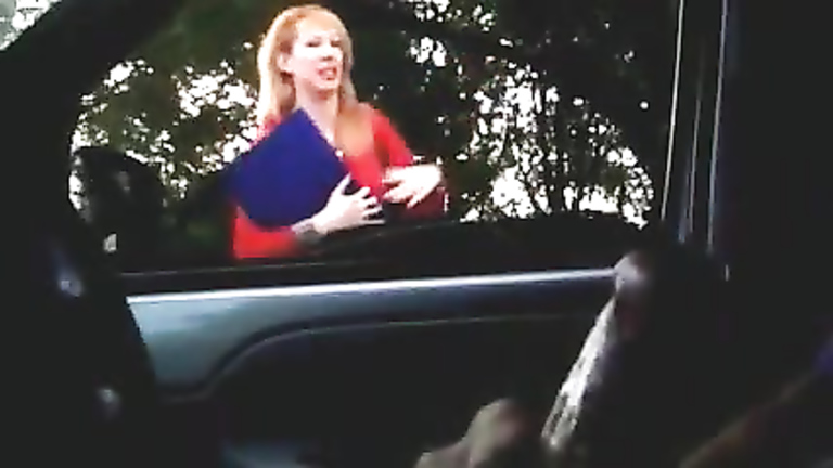 Gorgeous ginger lady has no idea that exhibitionist was cumming while she gave him directions