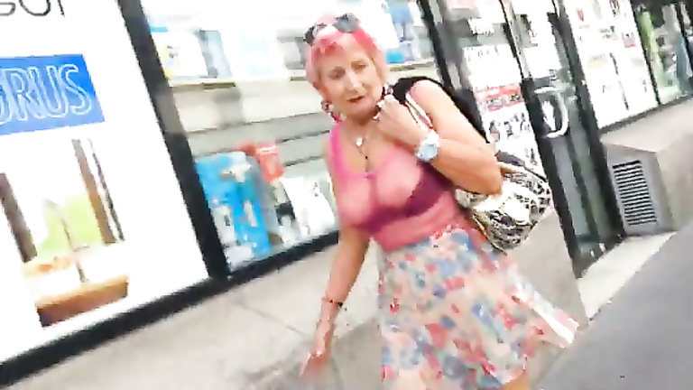 Granny in see thru top voyeurstyle