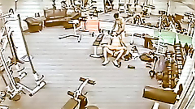 Security camera films a threesome in the gym