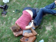 Voyeur handjob video of German lovers in the grass