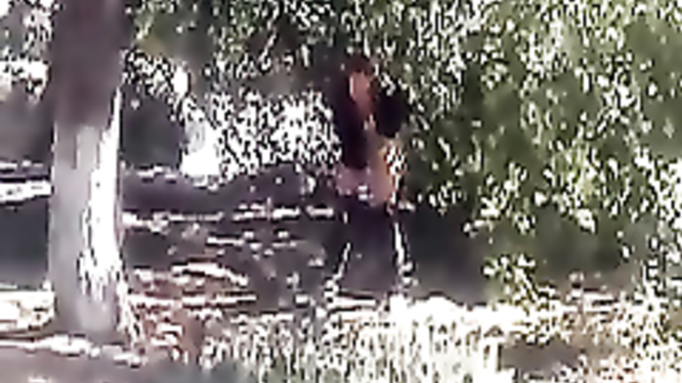 Messed up chick pisses under a tree in public