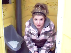 Friends prank cute chick in the porta potty