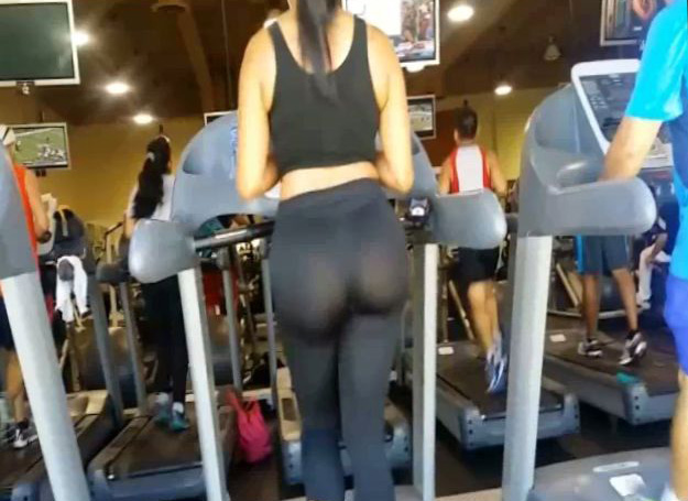 Big sporty ass in nearly sheer tights at the gym voyeurstyle