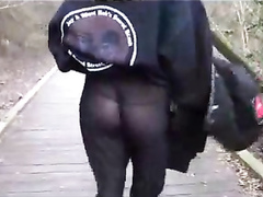 Wife goes for a hike in sheer pants