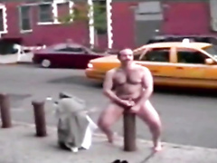 Naked man jerking off on the street