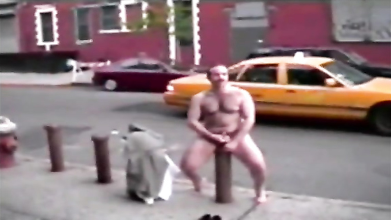 Naked man jerking off on the street