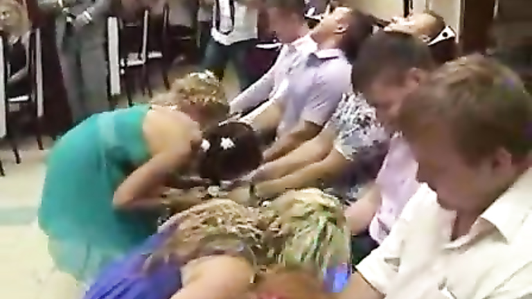 Russian bridesmaids in dresses and heels play a naughty game