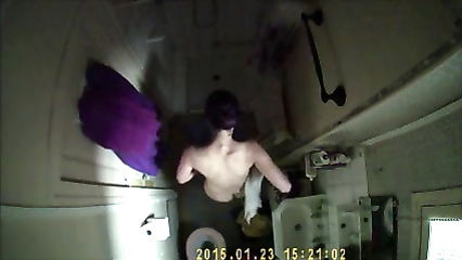 Bathroom ceiling cam shows my wife’s morning routine