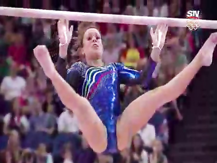 Skintight shiny leotard on a female gymnast