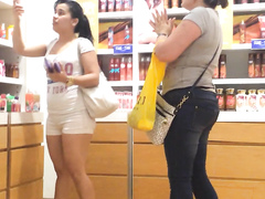 Shopping with a big butt woman in tight shorts