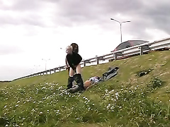 Girls beat up a guy and ride him by the highway