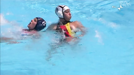 Water polo player has a nipple slip in the pool