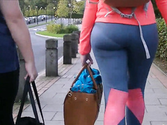 Blue spandex pants hug her sexy big ass