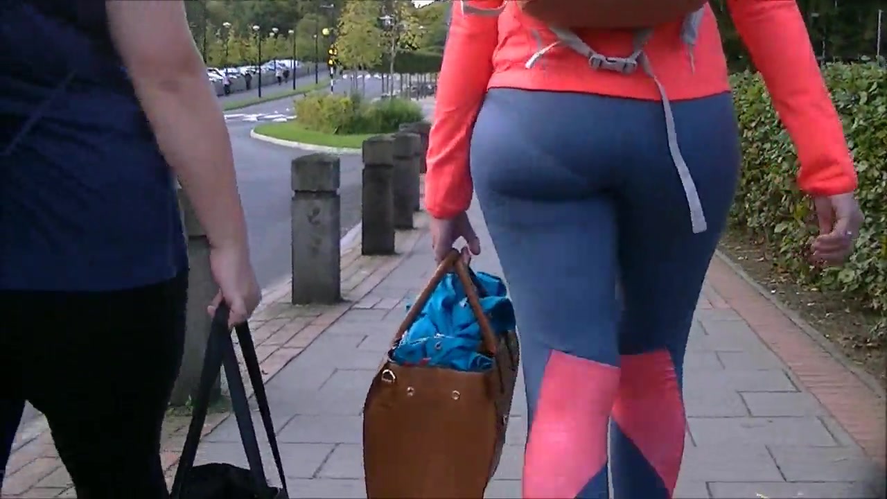 Blue spandex pants hug her sexy big ass voyeurstyle