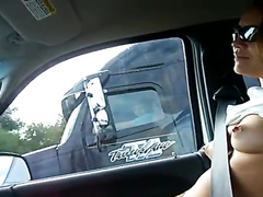 Wife demonstrates her perky tits to the trucker